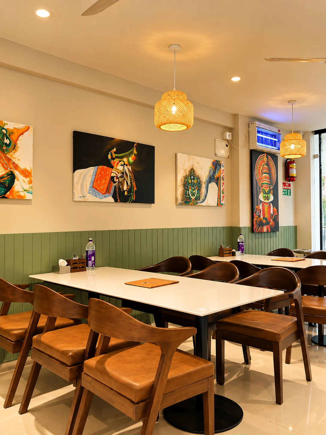 Dining tables beside green wall panelling and colourful artwork.