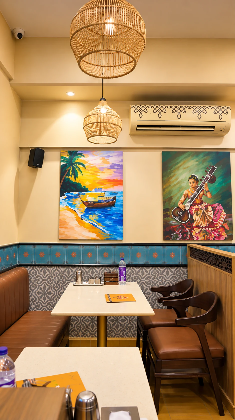 A separate dining nook with colourful paintings and woven pendant shades.