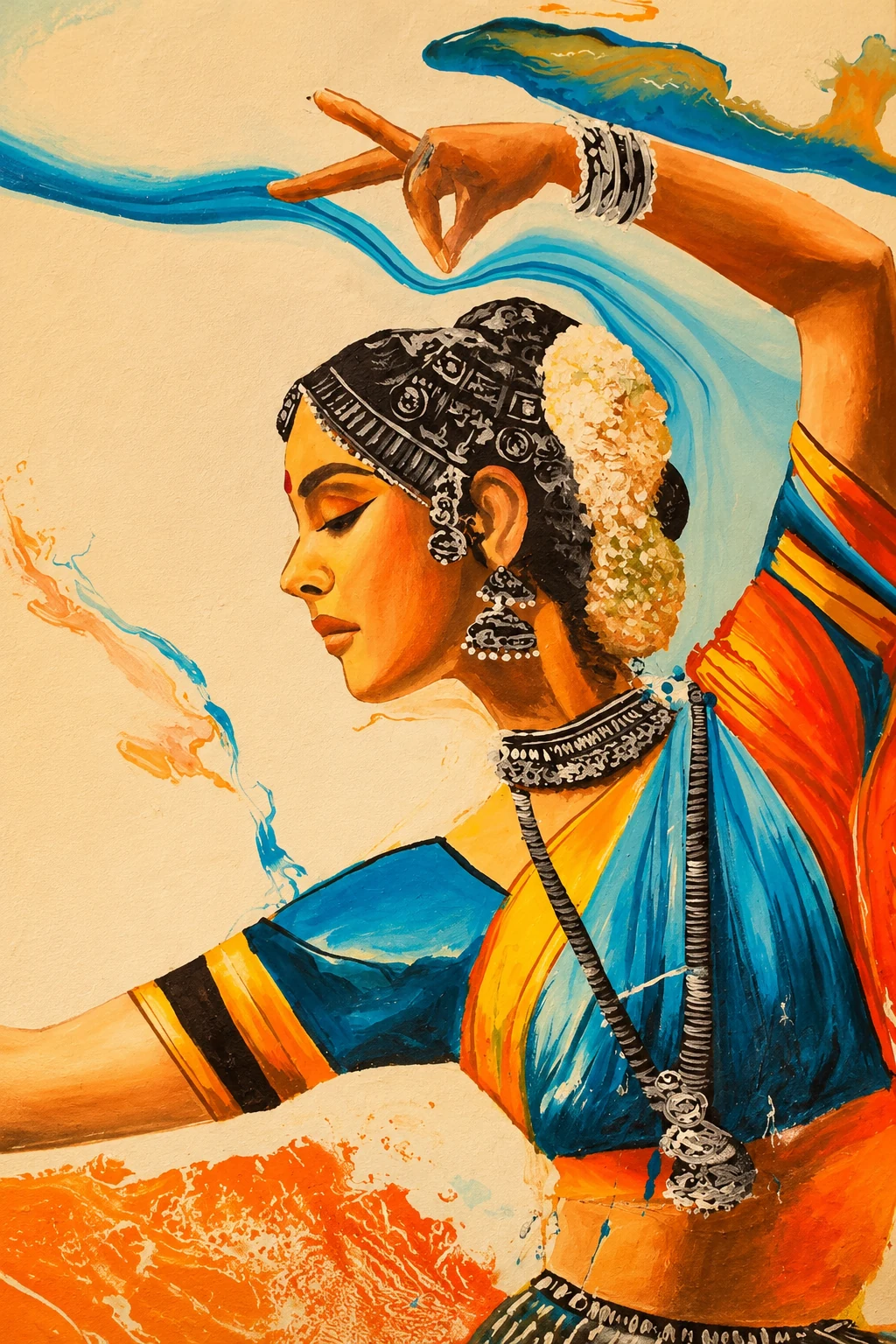 Detail of a dancer painting in blue and orange tones.
